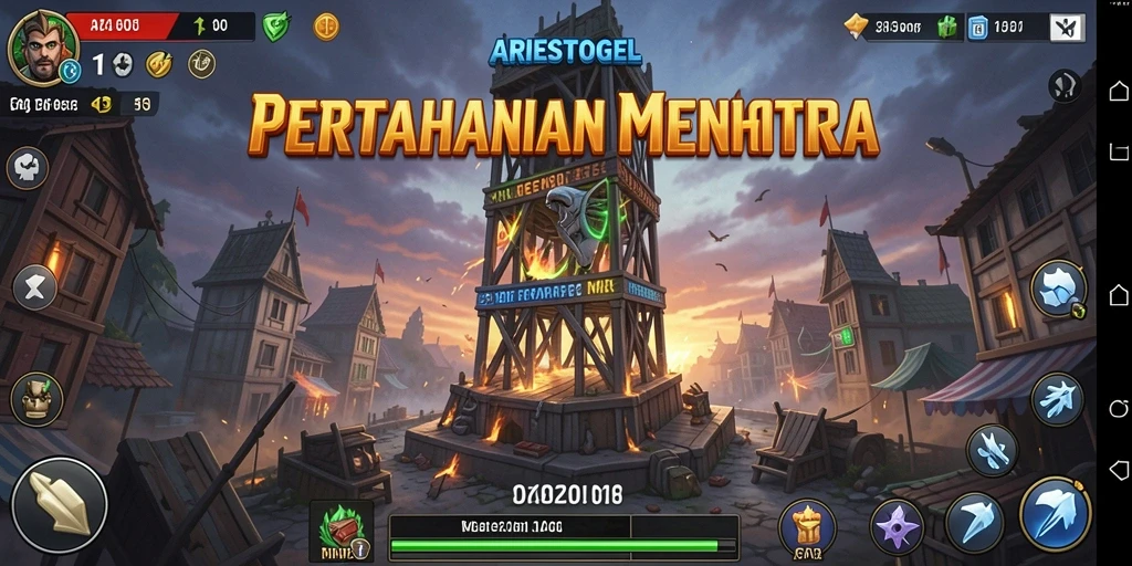 Screenshot gameplay ARIESTOGEL menampilkan aksi pertahanan menara yang spektakuler.