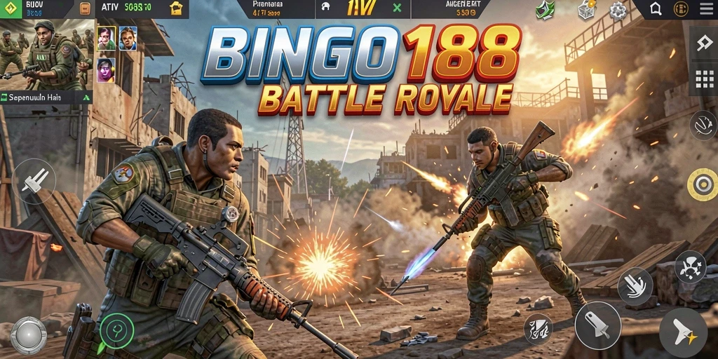 Screenshot permainan BINGO188 menampilkan aksi Battle Royale yang seru.