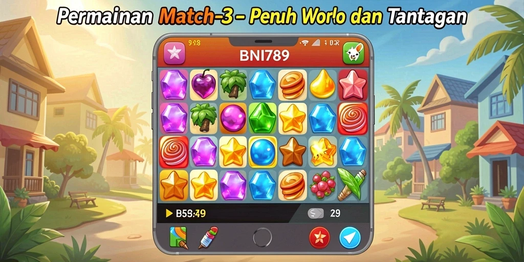 Screenshot utama BNI789 menampilkan gameplay Match-3 yang seru.