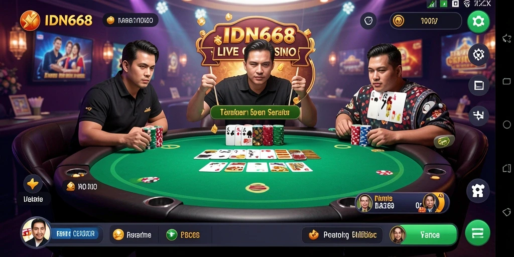 Screenshot gameplay IDN668 menunjukkan dealer profesional dan suasana kasino yang nyata.