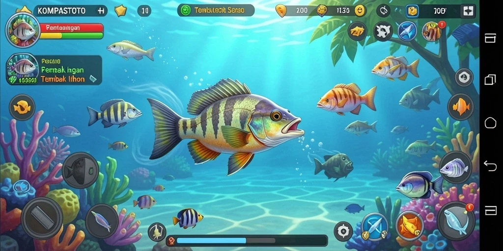 Gameplay seru KOMPASTOTO saat berburu ikan di bawah laut.