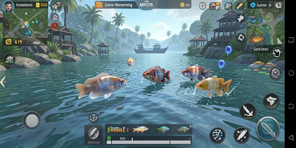 Screenshot utama MPO76 menampilkan gameplay seru saat menangkap ikan.