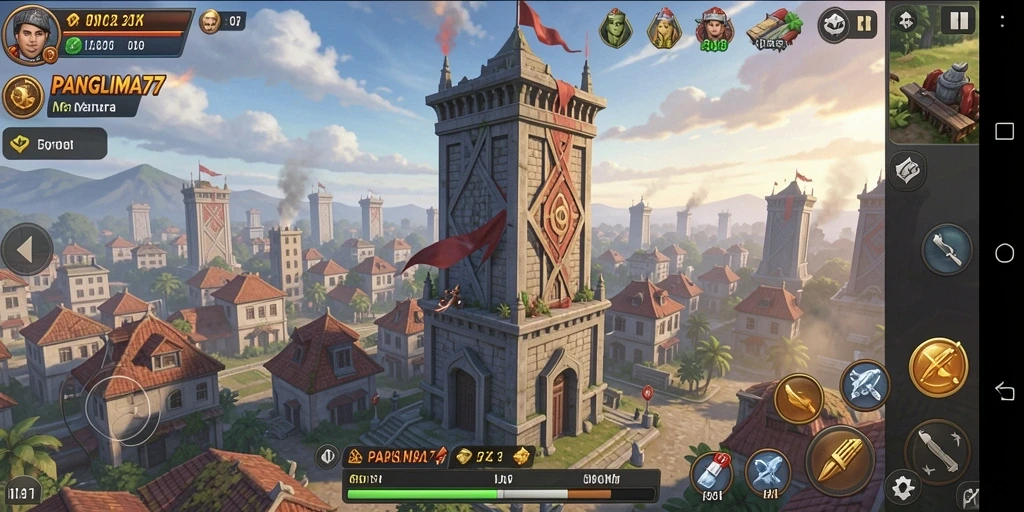 Screenshot gameplay <strong>PANGLIMA77</strong> menampilkan pertahanan menara yang strategis