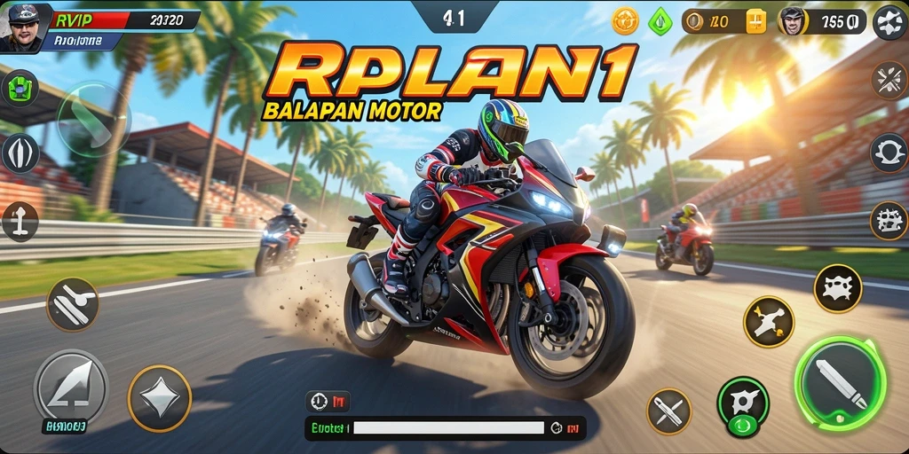 Screenshot gameplay RPVIP1 yang menunjukkan aksi balapan motor mendebarkan.