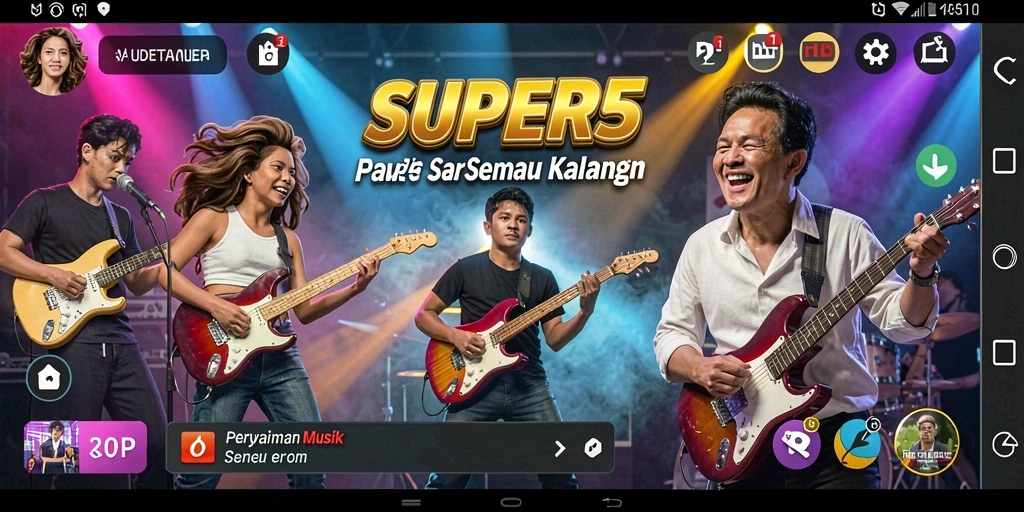 Tangkapan layar gameplay SUPER5 yang menampilkan keseruan bermain musik.